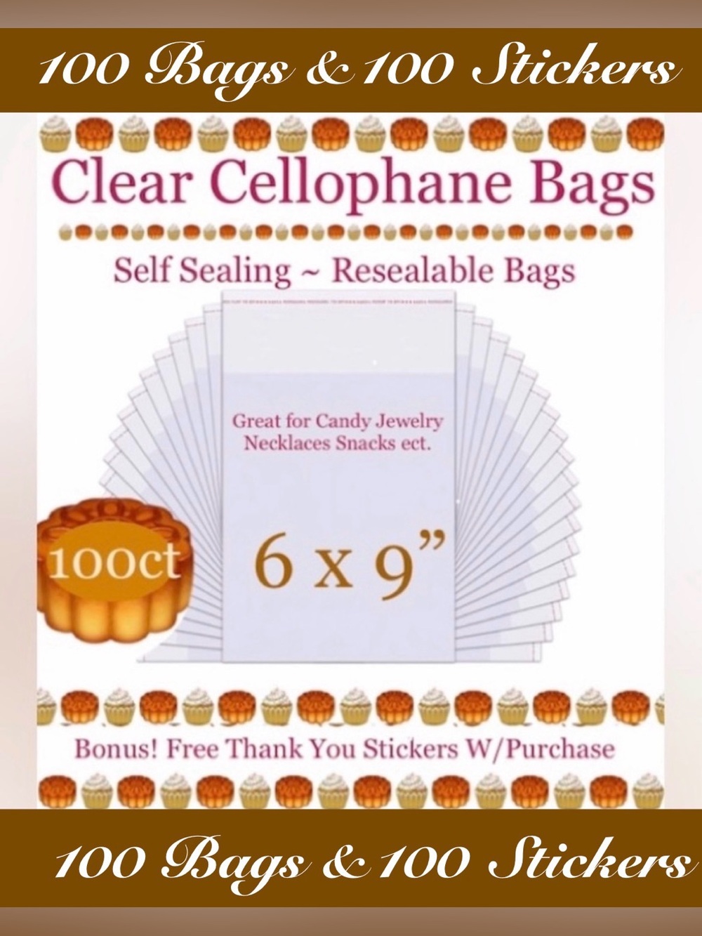 100ct ~6’x9’ Crystal Clear Cello Bags w/100ct Free Thank-You Stickers 🍃🆕🍃